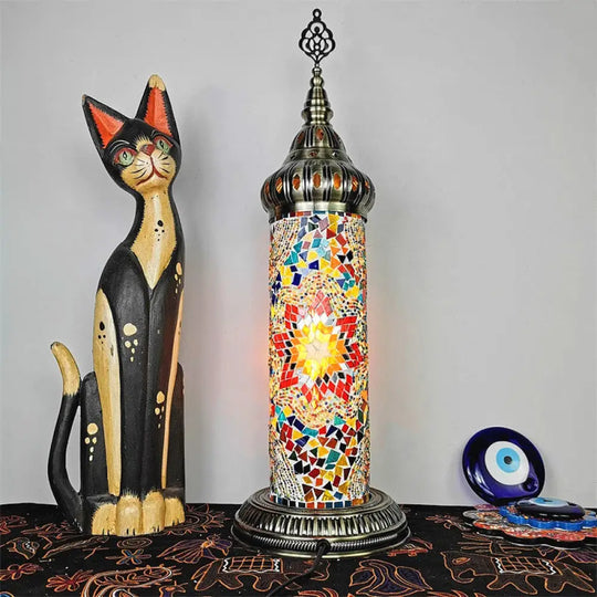 Stained Glass Cylinder Bedroom Table Lamp With Led Night Light - Traditional Design In