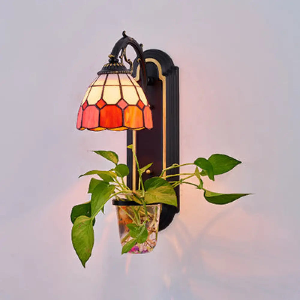 Stained Glass Dome Sconce: Tiffany-Inspired Wall Light With 1 Blue/Yellow/Orange Head & Plant