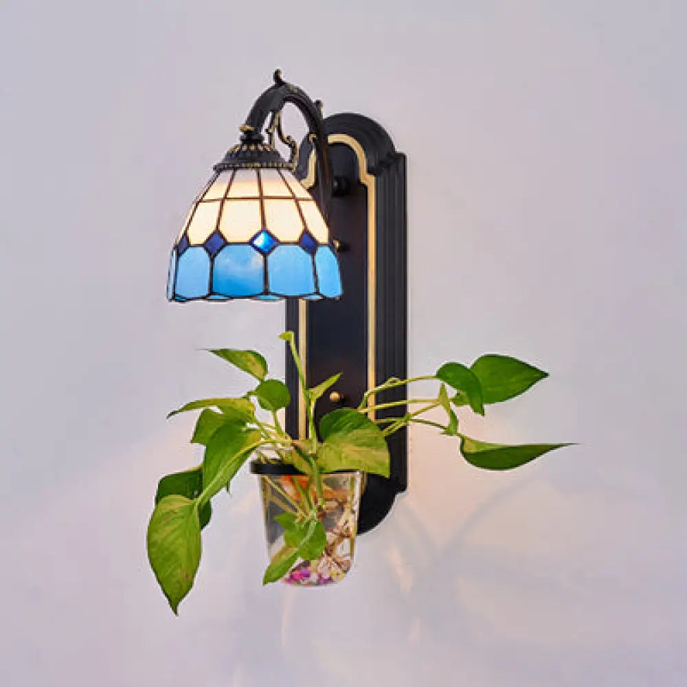 Stained Glass Dome Sconce: Tiffany-Inspired Wall Light With 1 Blue/Yellow/Orange Head & Plant