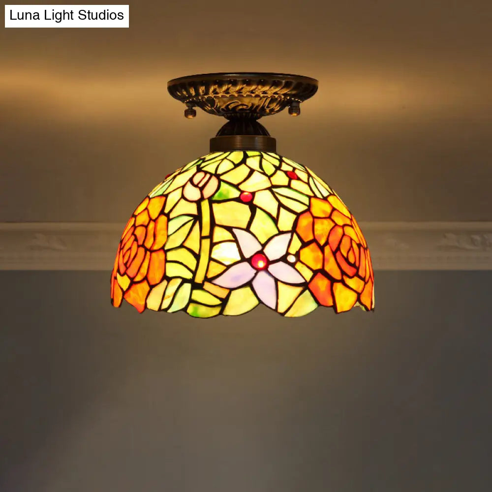Stained Glass Dome Shade Semi Flush Mount Ceiling Light - Decorative 1-Light Yellow