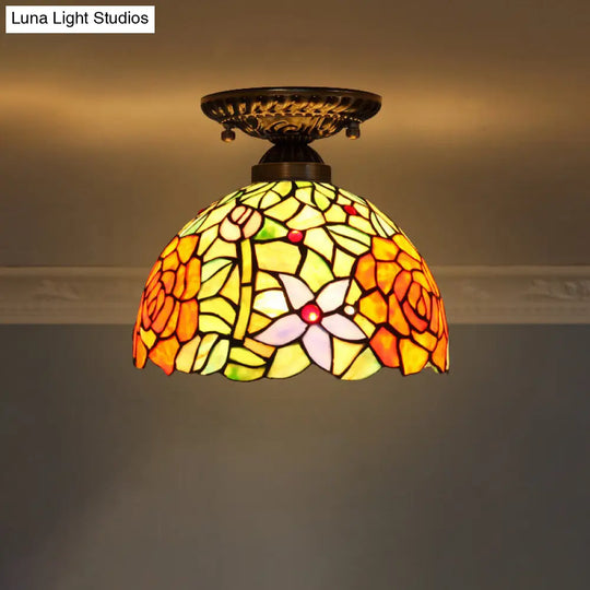 Stained Glass Dome Shade Semi Flush Mount Ceiling Light - Decorative 1-Light Yellow