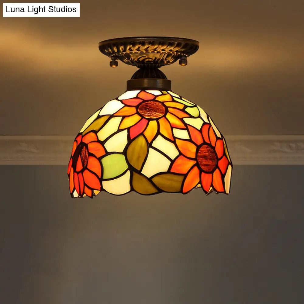 Stained Glass Dome Shade Semi Flush Mount Ceiling Light - Decorative 1-Light Orange