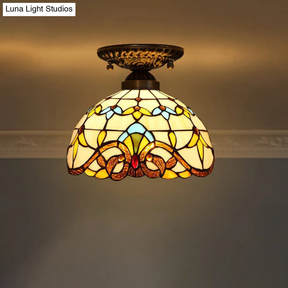 Stained Glass Dome Shade Semi Flush Mount Ceiling Light - Decorative 1-Light Beige