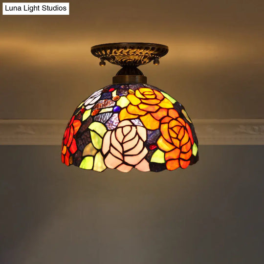 Stained Glass Dome Shade Semi Flush Mount Ceiling Light - Decorative 1-Light Orange Red