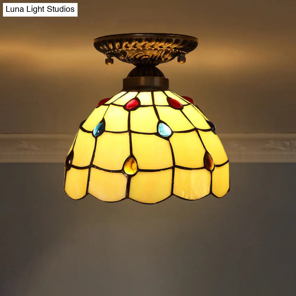 Stained Glass Dome Shade Semi Flush Mount Ceiling Light - Decorative 1-Light Lemon Yellow