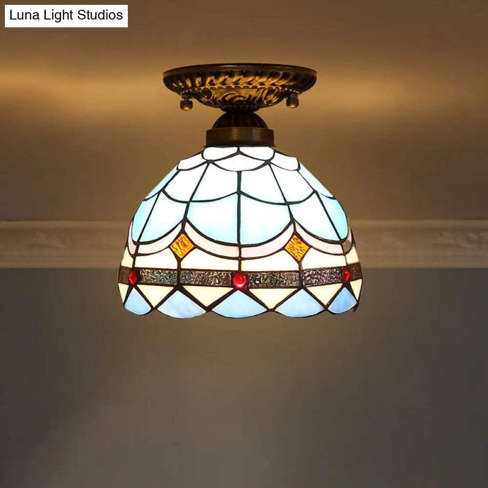 Stained Glass Dome Shade Semi Flush Mount Ceiling Light - Decorative 1-Light Blue