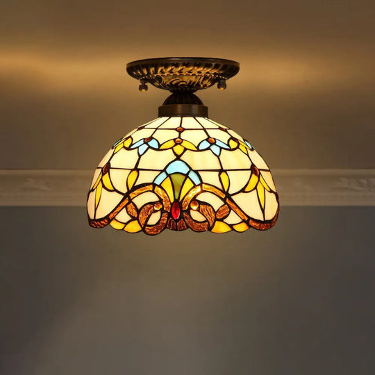 Stained Glass Dome Shade Semi Flush Mount Ceiling Light - Decorative 1 - Light Beige