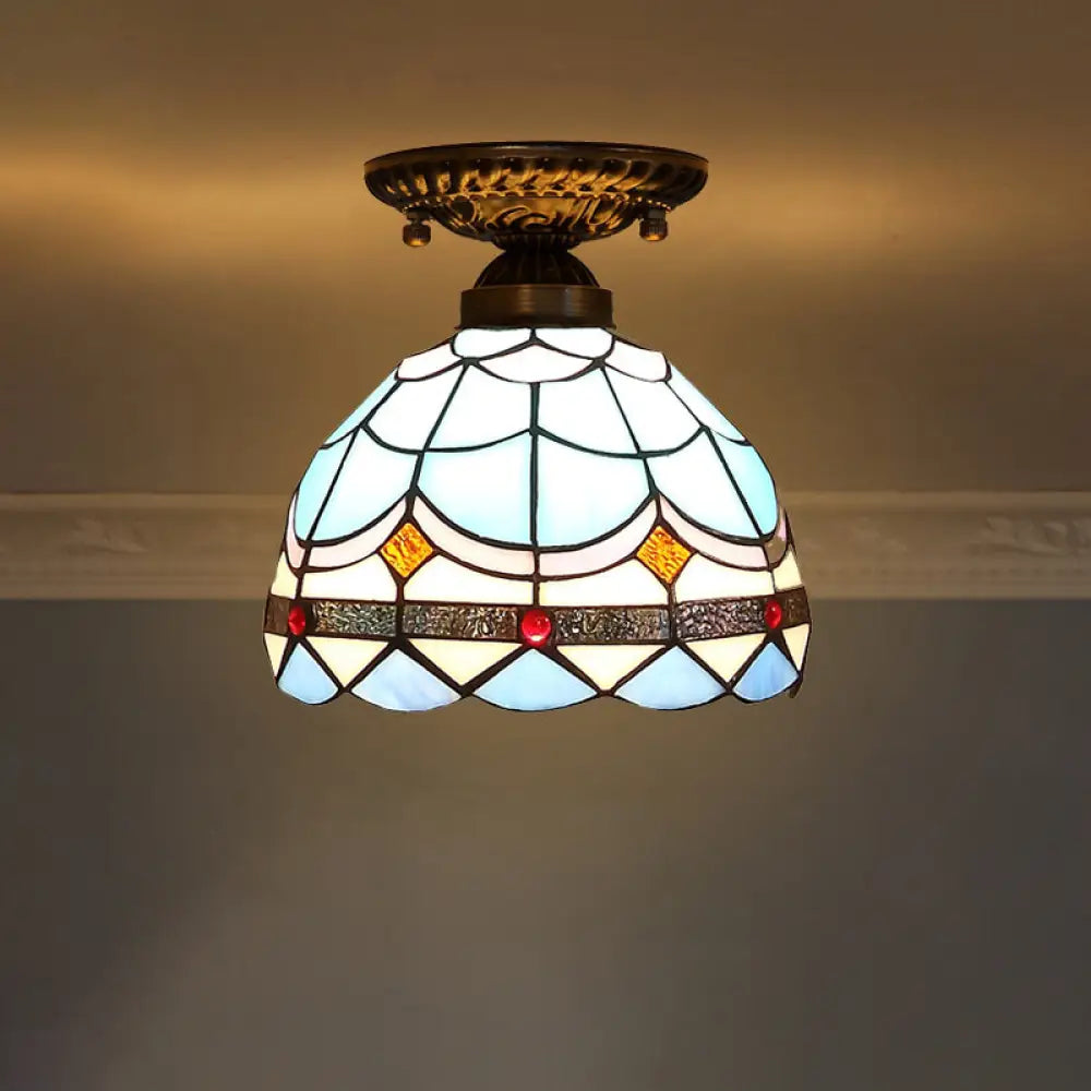 Stained Glass Dome Shade Semi Flush Mount Ceiling Light - Decorative 1 - Light Blue