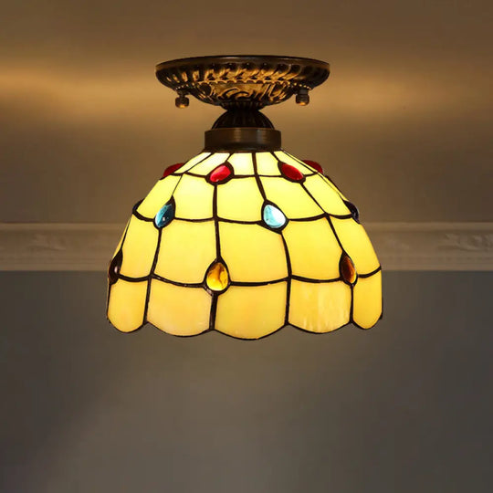 Stained Glass Dome Shade Semi Flush Mount Ceiling Light - Decorative 1 - Light Lemon Yellow