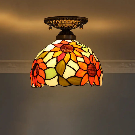Stained Glass Dome Shade Semi Flush Mount Ceiling Light - Decorative 1 - Light Orange