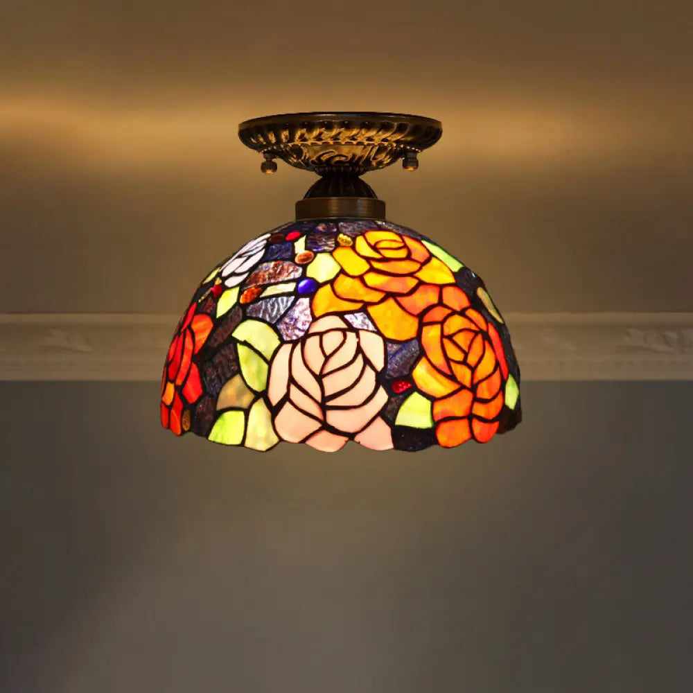 Stained Glass Dome Shade Semi Flush Mount Ceiling Light - Decorative 1 - Light Orange Red
