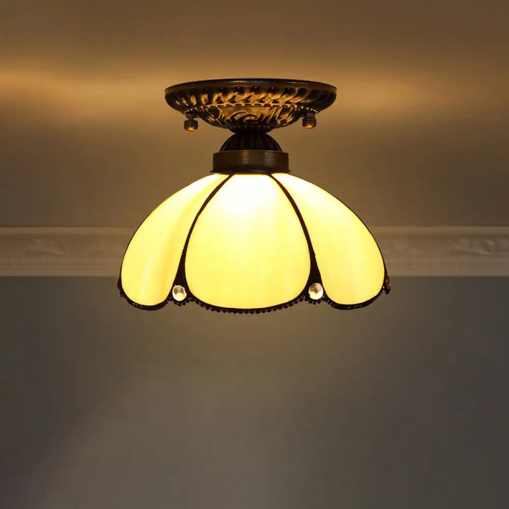 Stained Glass Dome Shade Semi Flush Mount Ceiling Light - Decorative 1 - Light Yellow