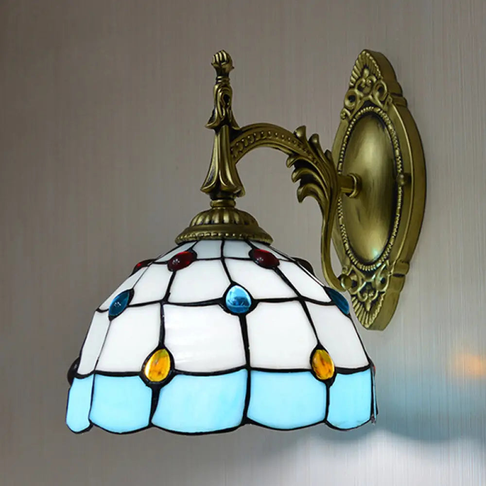 Stained Glass Dome Wall Light Fixture - Colorful Bead Tiffany Sconce Lamp Blue