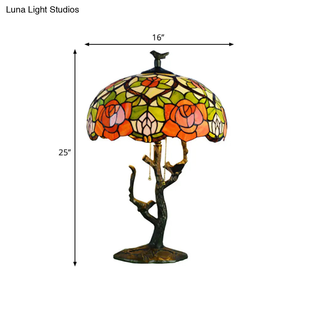 Stained Glass Empire Table Light - Tiffany Style Bedside Lamp With Orange Rose/Lotus Design Brass