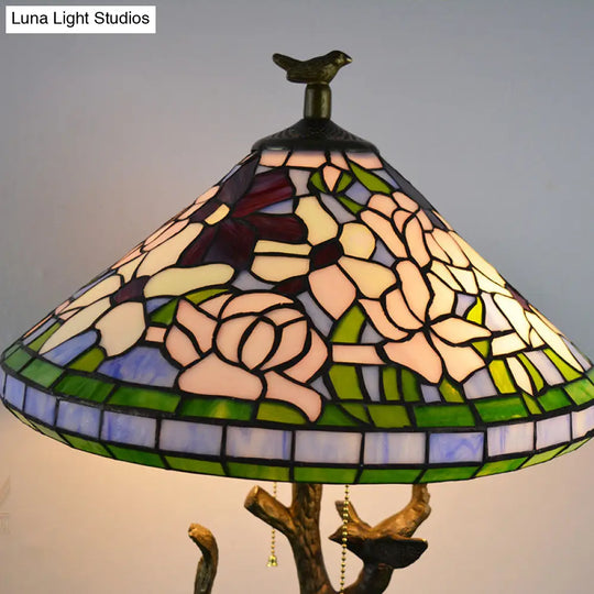 Stained Glass Empire Table Light - Tiffany Style Bedside Lamp With Orange Rose/Lotus Design Brass