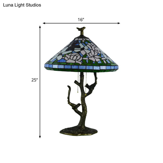 Stained Glass Empire Table Light - Tiffany Style Bedside Lamp With Orange Rose/Lotus Design Brass