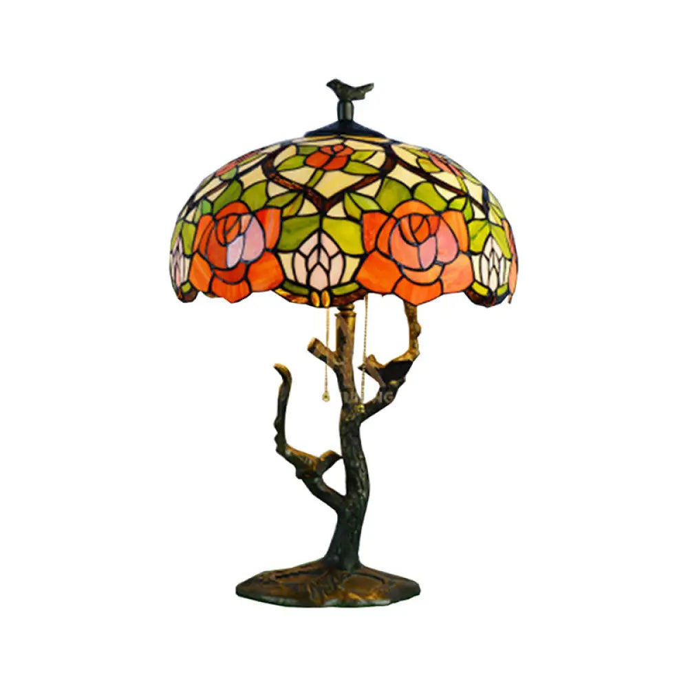 Stained Glass Empire Table Light - Tiffany Style Bedside Lamp With Orange Rose/Lotus Design Brass