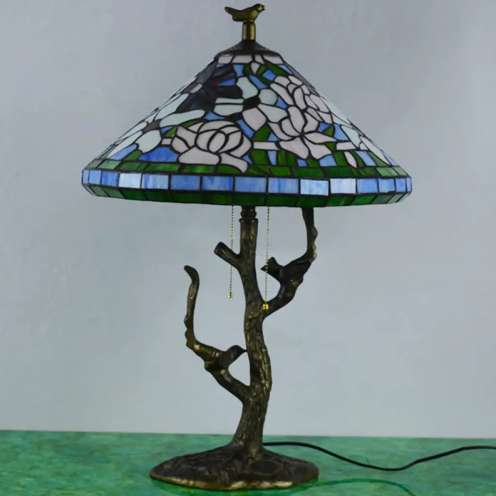 Stained Glass Empire Table Light - Tiffany Style Bedside Lamp With Orange Rose/Lotus Design Brass