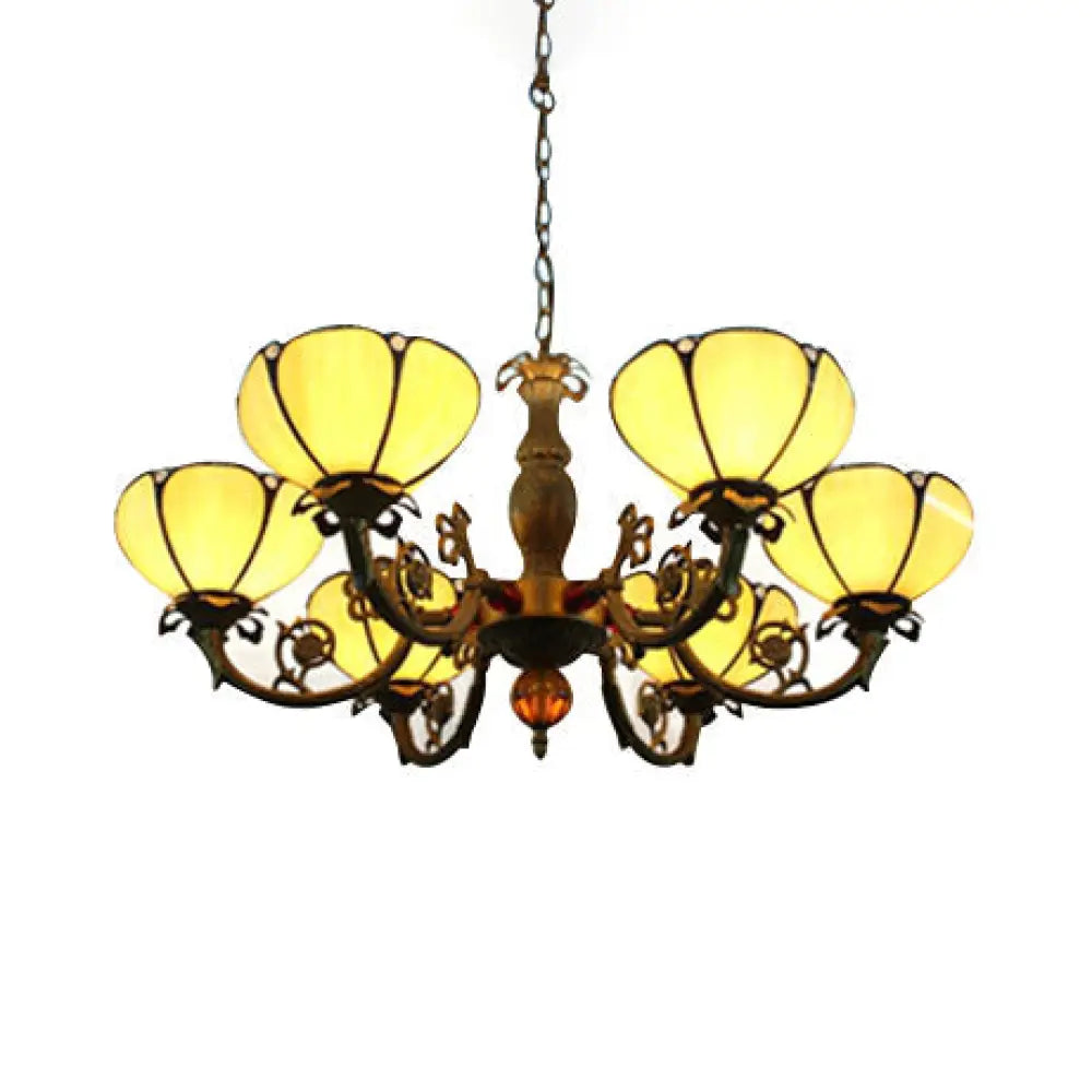 Stained Glass Floral Chandelier With 6 Pendant Lights And Metal Chains In Beige