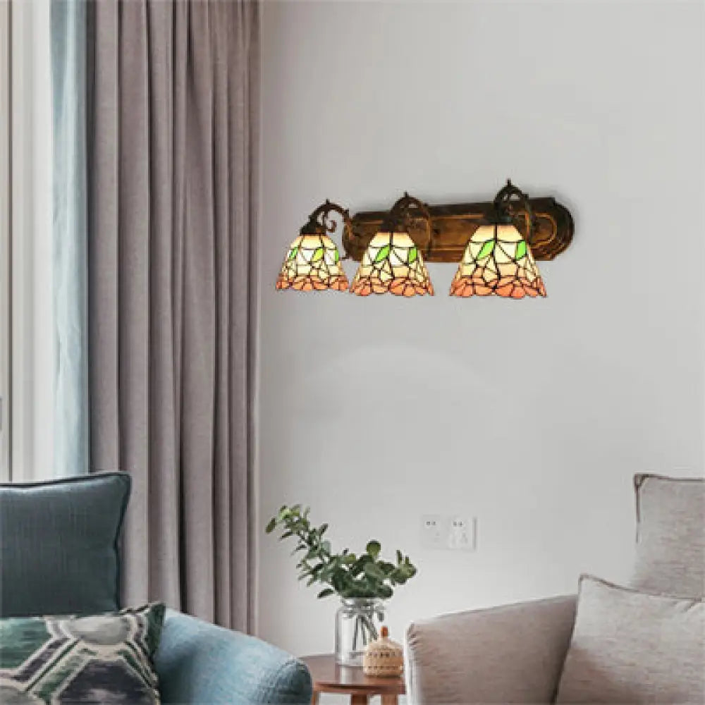 Stained Glass Floral Wall Lamp - Lodge Style Indoor Mount Light For Living Room (3 Lights) Pink