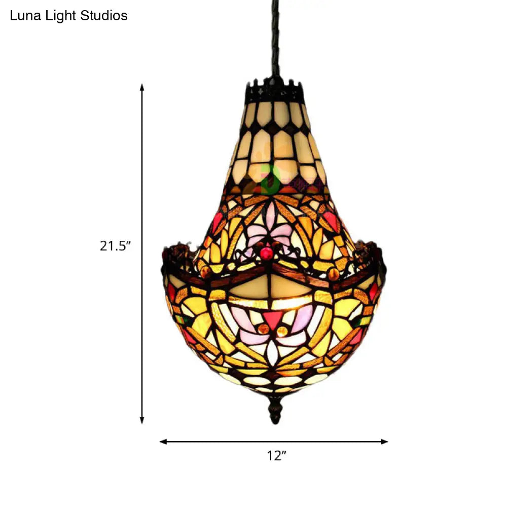 Stained Glass Flower Chandelier Lighting In Black With 2/3/5 Lights Available 10’/12’/16’ Widths