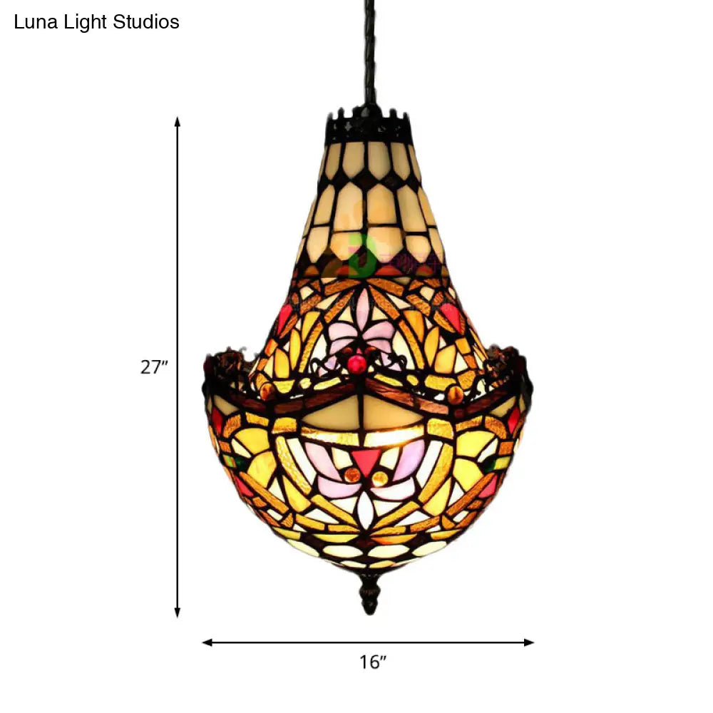 Stained Glass Flower Chandelier Lighting In Black With 2/3/5 Lights Available 10’/12’/16’ Widths