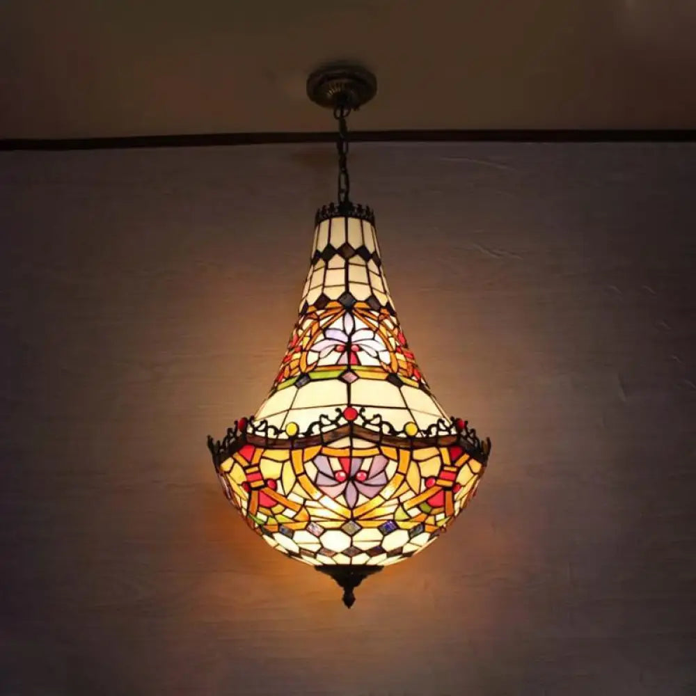 Stained Glass Flower Chandelier Lighting In Black With 2/3/5 Lights Available 10’/12’/16’