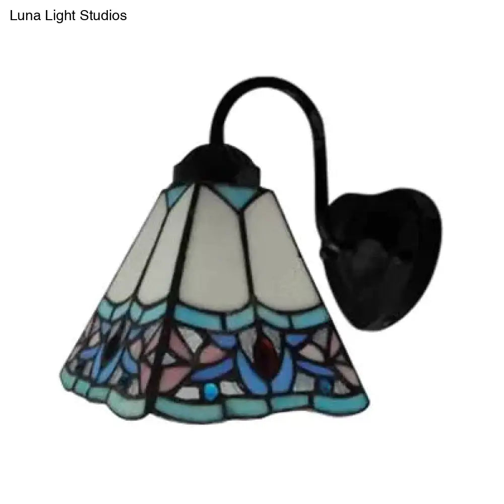 Stained Glass Flower Wall Sconce Light Fixture - Tiffany Style 1 Head White/Black/Sky Blue Living