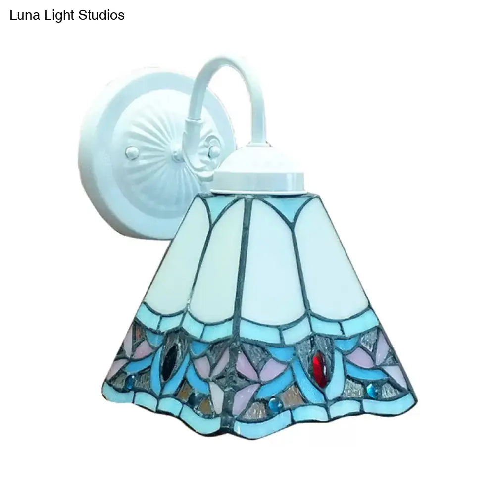 Stained Glass Flower Wall Sconce Light Fixture - Tiffany Style 1 Head White/Black/Sky Blue Living