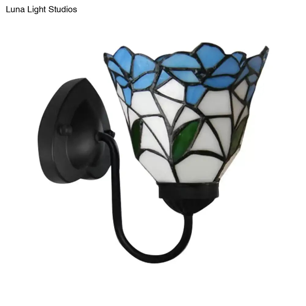 Stained Glass Flower Wall Sconce Light Fixture - Tiffany Style 1 Head White/Black/Sky Blue Living