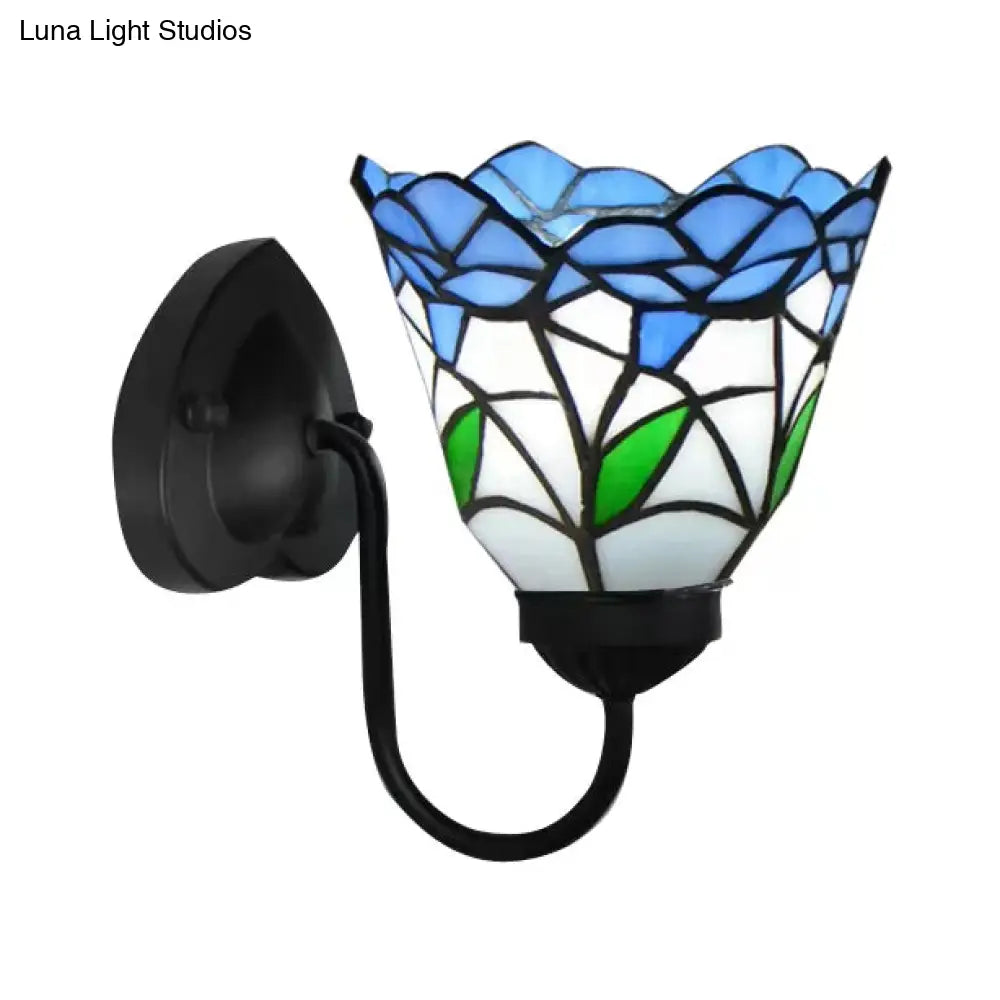 Stained Glass Flower Wall Sconce Light Fixture - Tiffany Style 1 Head White/Black/Sky Blue Living