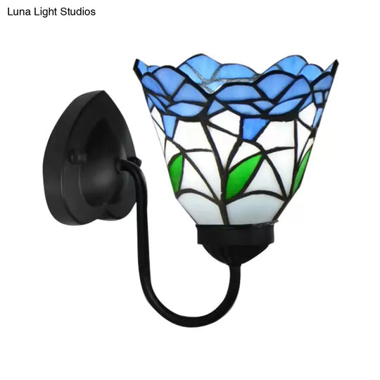 Stained Glass Flower Wall Sconce Light Fixture - Tiffany Style 1 Head White/Black/Sky Blue Living