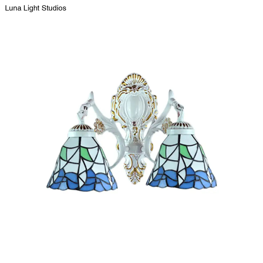 Stained Glass Flower Wall Sconce With 2 Bell Lights - Lodge-Inspired Fixture For Bedroom Lighting