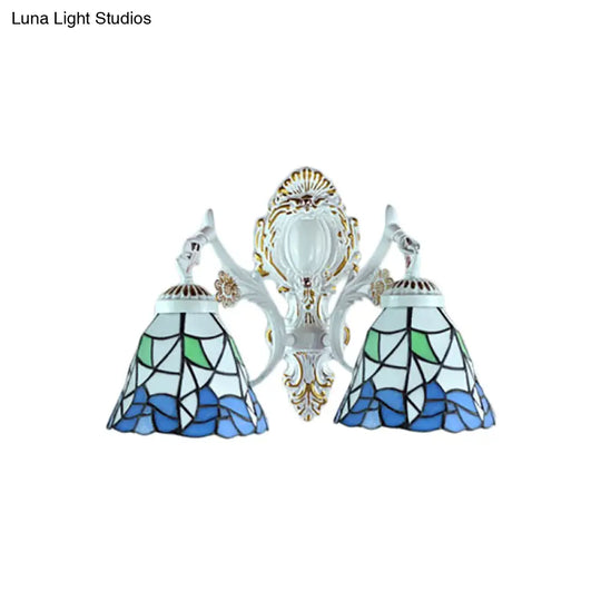 Stained Glass Flower Wall Sconce With 2 Bell Lights - Lodge-Inspired Fixture For Bedroom Lighting