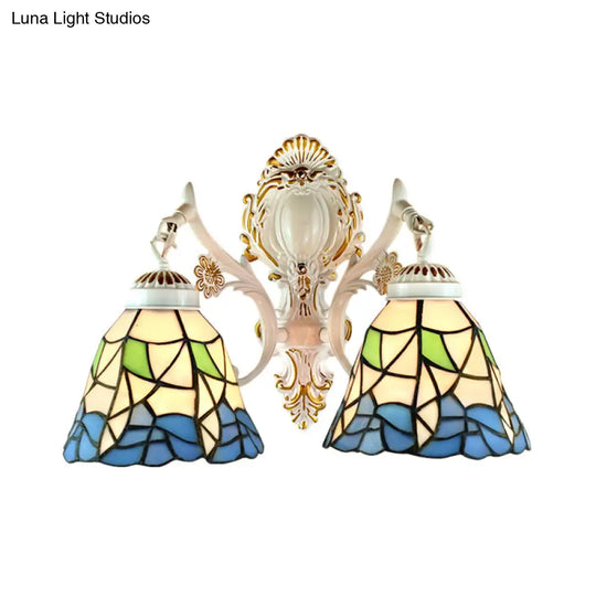 Stained Glass Flower Wall Sconce With 2 Bell Lights - Lodge-Inspired Fixture For Bedroom Lighting