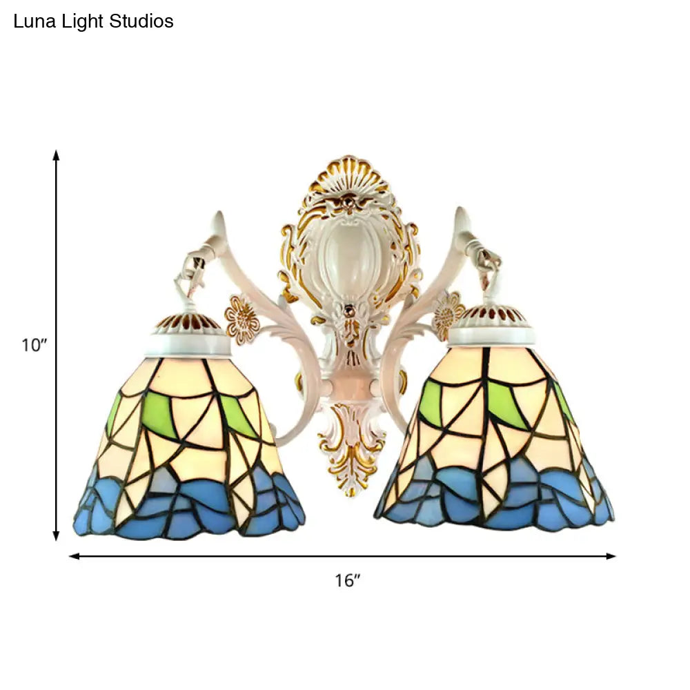 Stained Glass Flower Wall Sconce With 2 Bell Lights - Lodge-Inspired Fixture For Bedroom Lighting