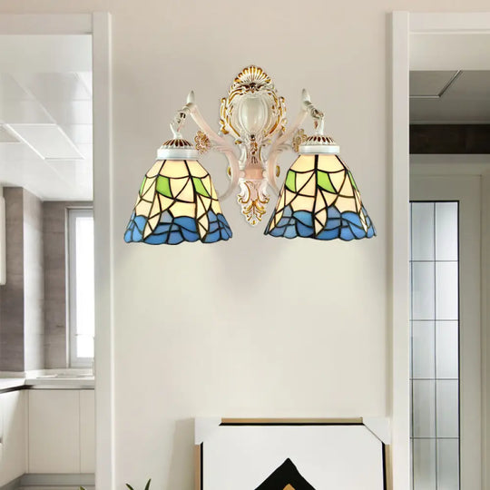 Stained Glass Flower Wall Sconce With 2 Bell Lights - Lodge-Inspired Fixture For Bedroom Lighting