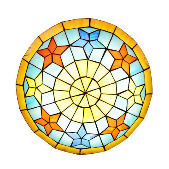 Stained Glass Flush Mount Ceiling Lamp For Bedroom With Tiffany Bowl Shape And Star Design In
