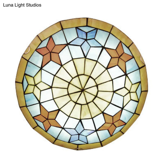 Stained Glass Flush Mount Ceiling Lamp For Bedroom With Tiffany Bowl Shape And Star Design In Yellow