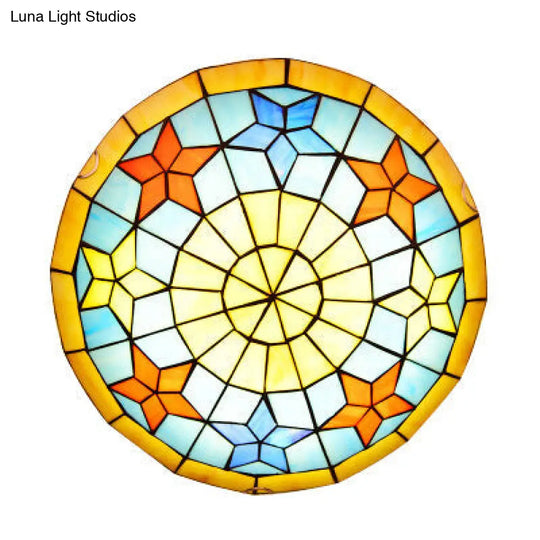Stained Glass Flush Mount Ceiling Lamp For Bedroom With Tiffany Bowl Shape And Star Design In Yellow
