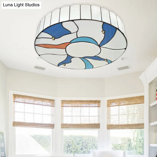 Stained Glass Flush Mount Ceiling Light In Modern Style - 16/19.5 White Drum Shade For Living Room /
