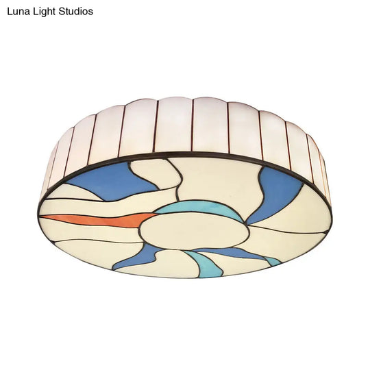 Stained Glass Flush Mount Ceiling Light In Modern Style - 16/19.5 White Drum Shade For Living Room