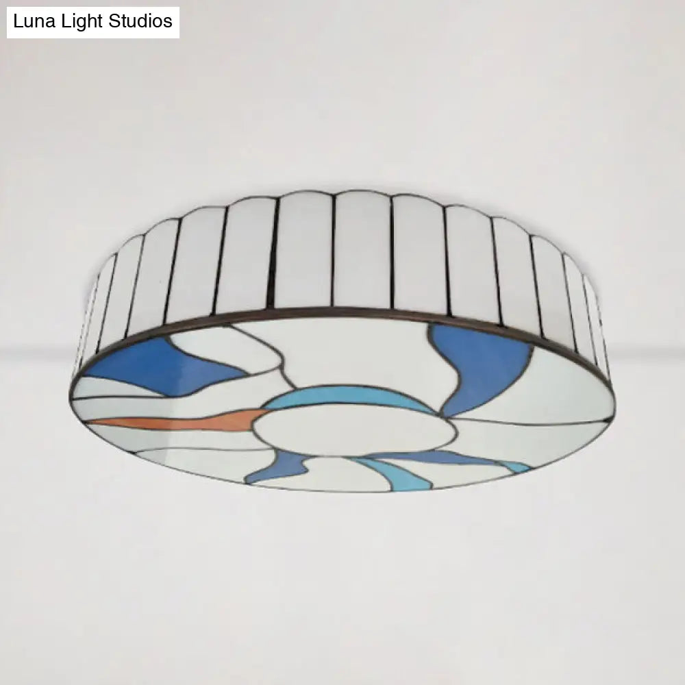 Stained Glass Flush Mount Ceiling Light In Modern Style - 16’/19.5’ White Drum Shade For Living Room