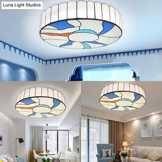 Stained Glass Flush Mount Ceiling Light In Modern Style - 16’/19.5’ White Drum Shade For Living Room
