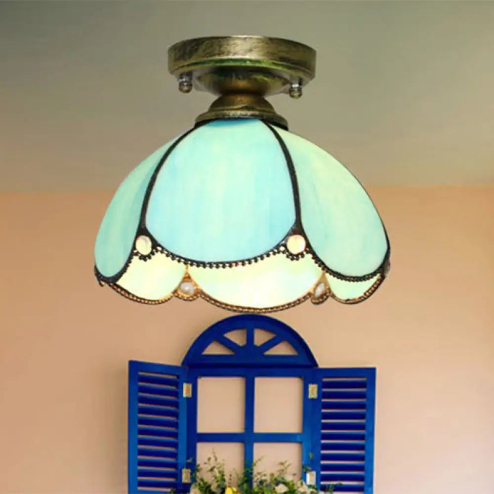 Stained Glass Flushmount Tiffany Single - Bulb Ceiling Light For Corridors - Elegant Scalloped