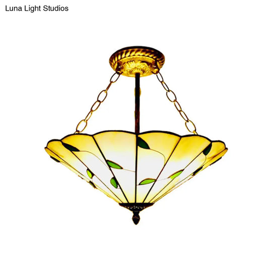 Stained Glass Inverted Ceiling Light - Lodge Style Multi Semi Flush Mount In Beige (19.5’/16’ Width)