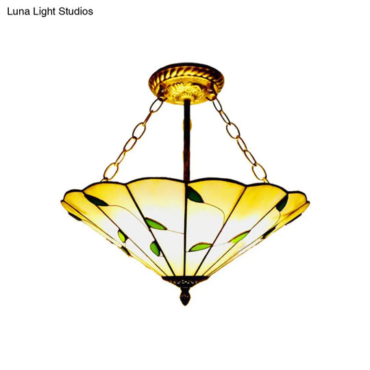 Lodge Style Stained Glass Semi Flush Ceiling Light In Beige - 19.5/16 Wide