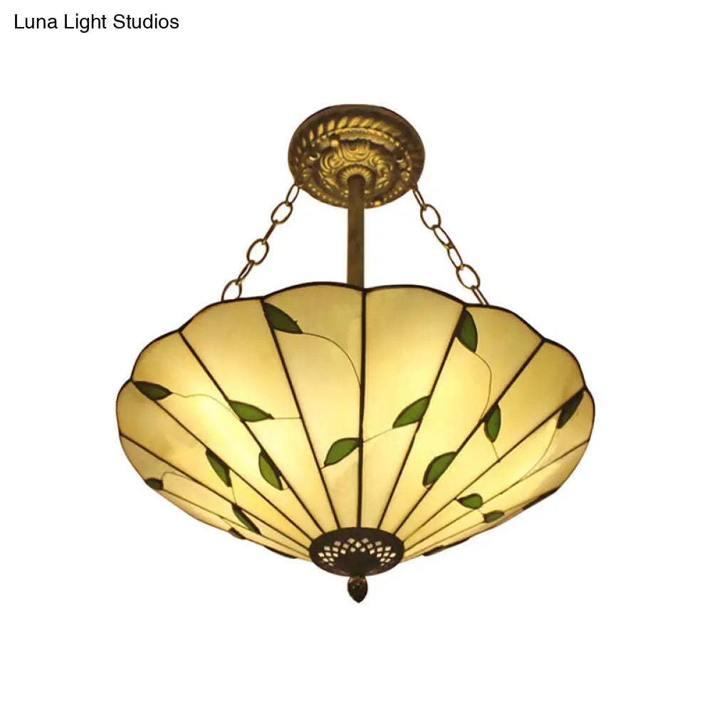 Lodge Style Stained Glass Semi Flush Ceiling Light In Beige - 19.5/16 Wide