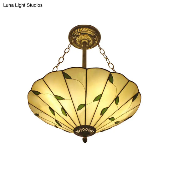 Lodge Style Stained Glass Semi Flush Ceiling Light In Beige - 19.5/16 Wide