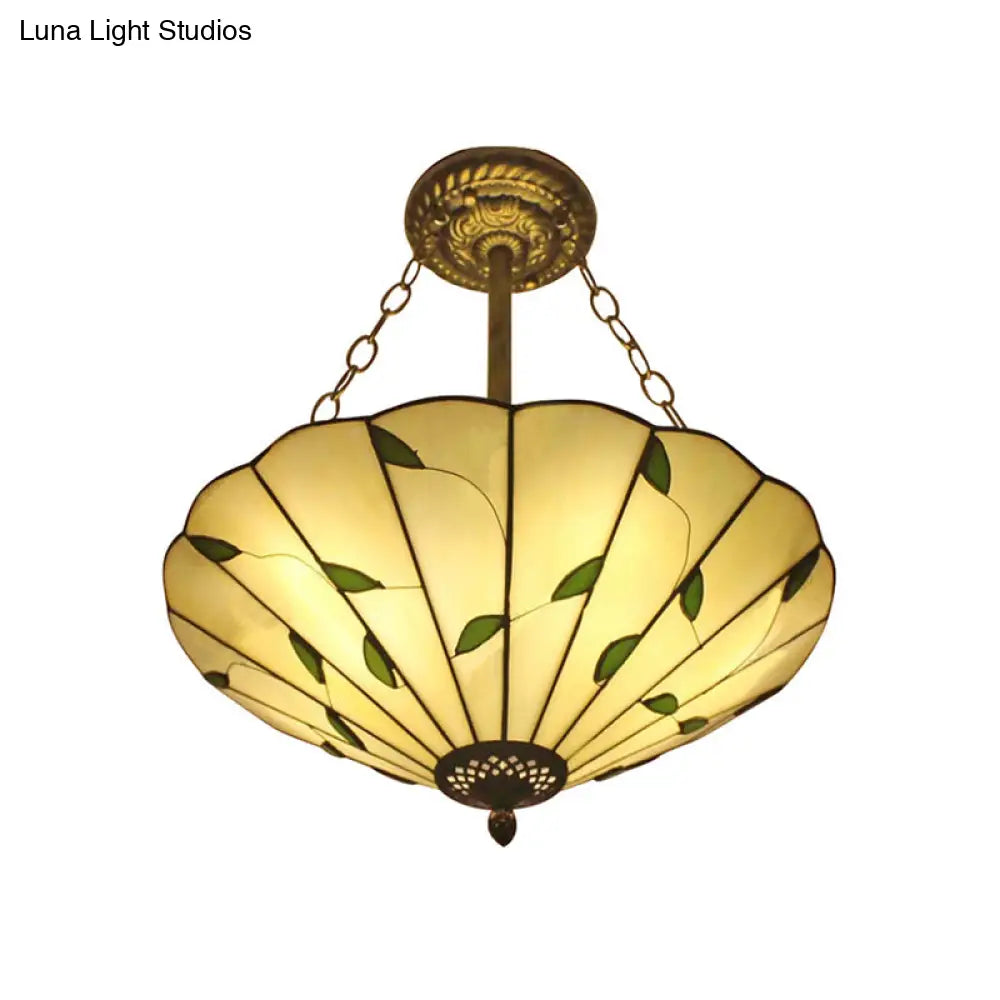 Stained Glass Inverted Ceiling Light - Lodge Style Multi Semi Flush Mount In Beige (19.5’/16’ Width)